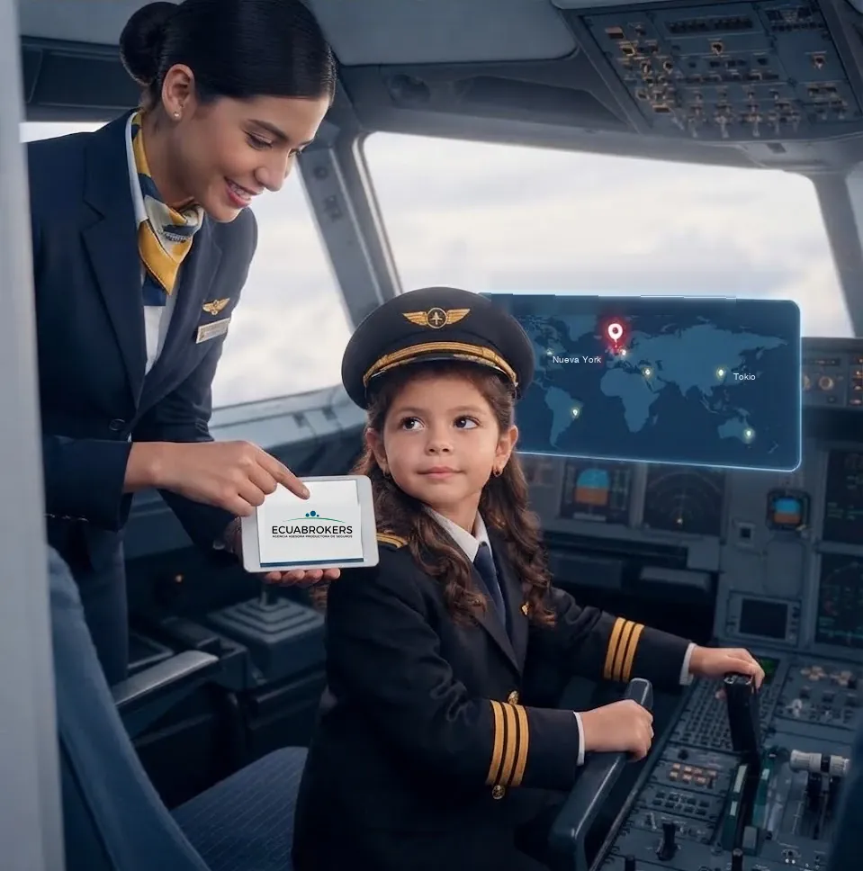 Fifi, la capitana, en el asiento del capitán; a su lado, una azafata le muestra una tablet de Ecuabrokers. Al fondo, un mapa del mundo en la pantalla de la cabina.