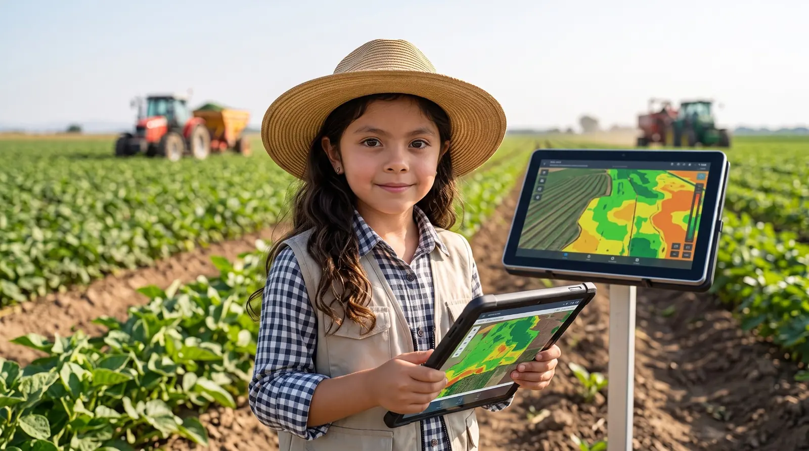 Fifi, con sombrero de paja y una tablet, en un campo de cultivo; a su lado, un monitor con el mapa del terreno.