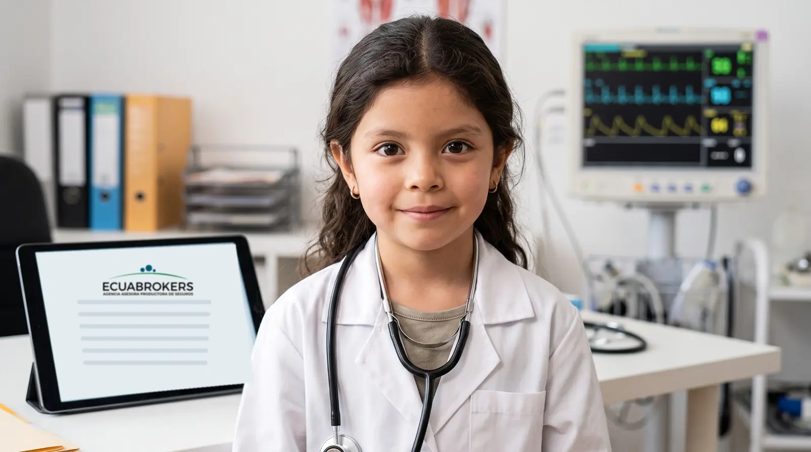 Fifi, vestida de doctora con bata y estetoscopio, en un consultorio con un monitor de signos vitales.